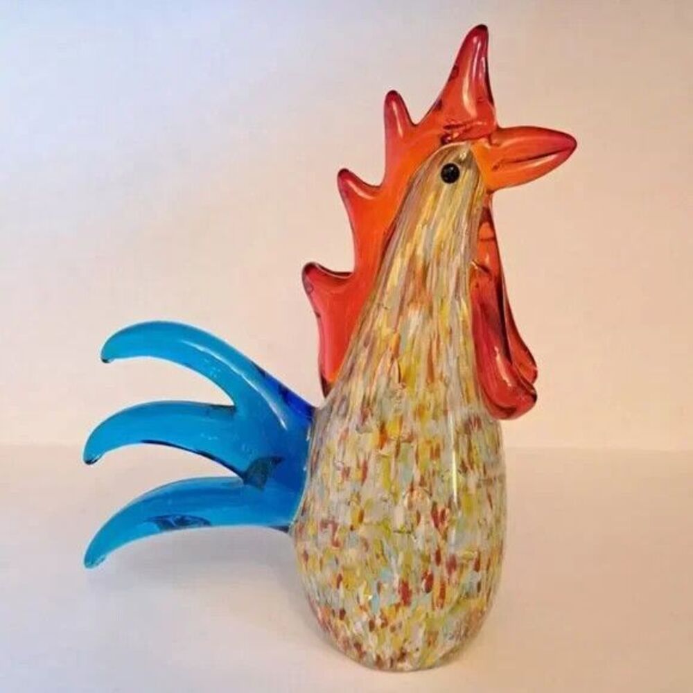 Vintage Murano Style Art Glass Rooster Figurine Multicolor Spatter Rooster
